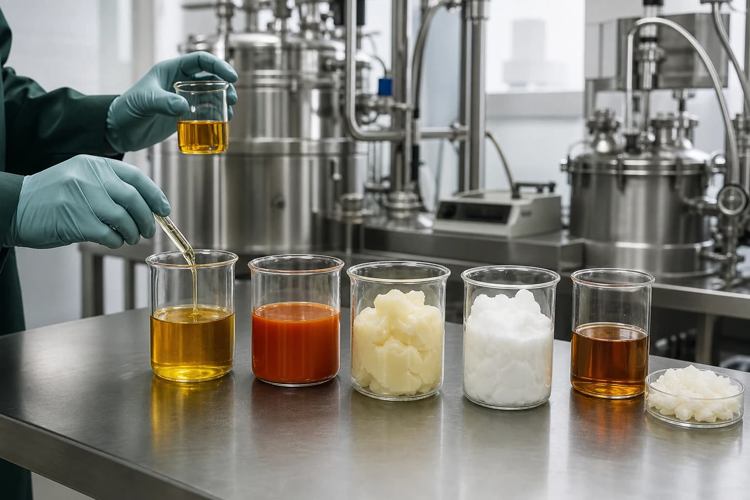 Palm-derived liquid and solid samples being evaluated in a formulation laboratory