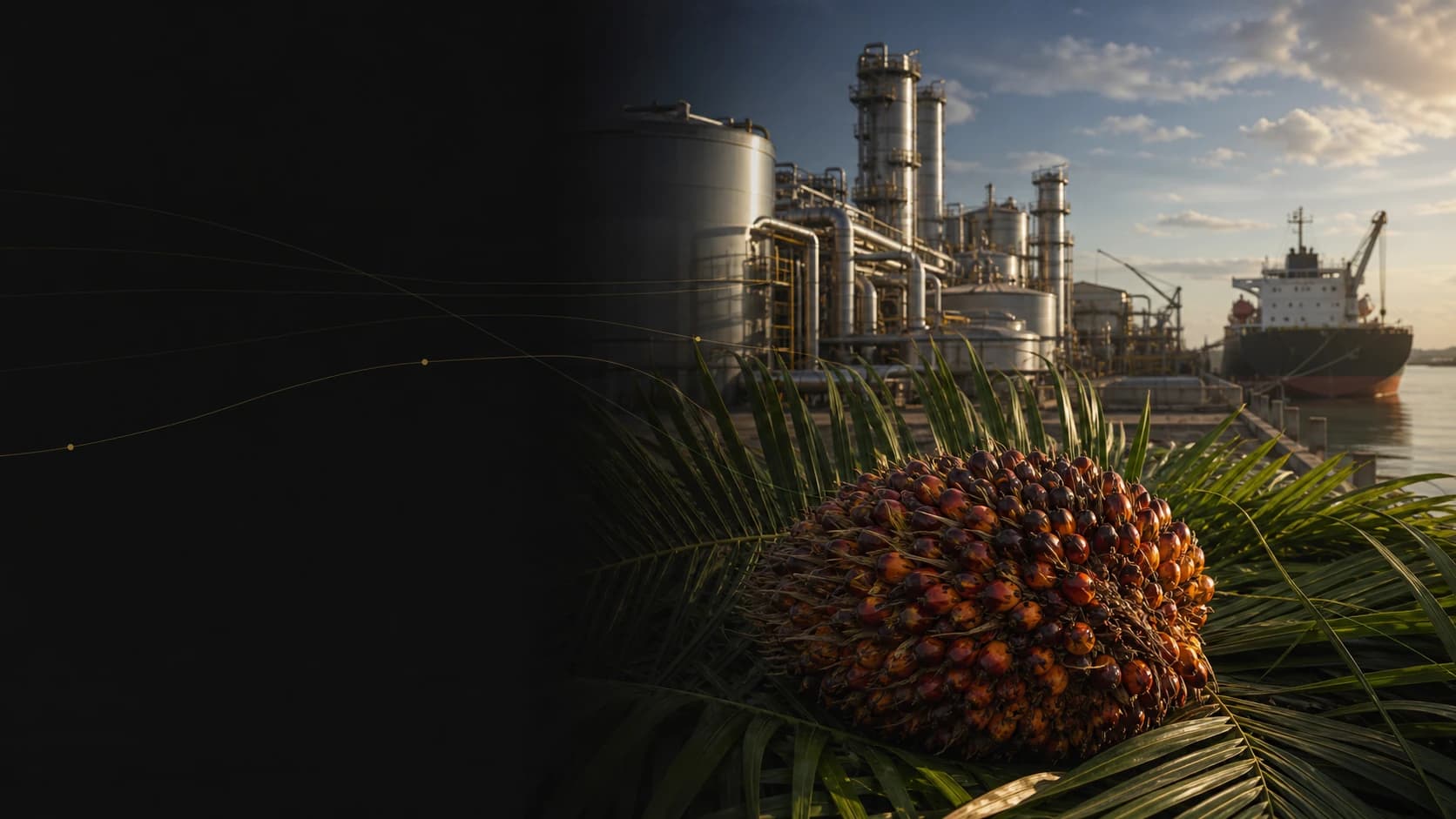 Oil palm fruit, a refinery and a cargo vessel representing the palm oil supply chain