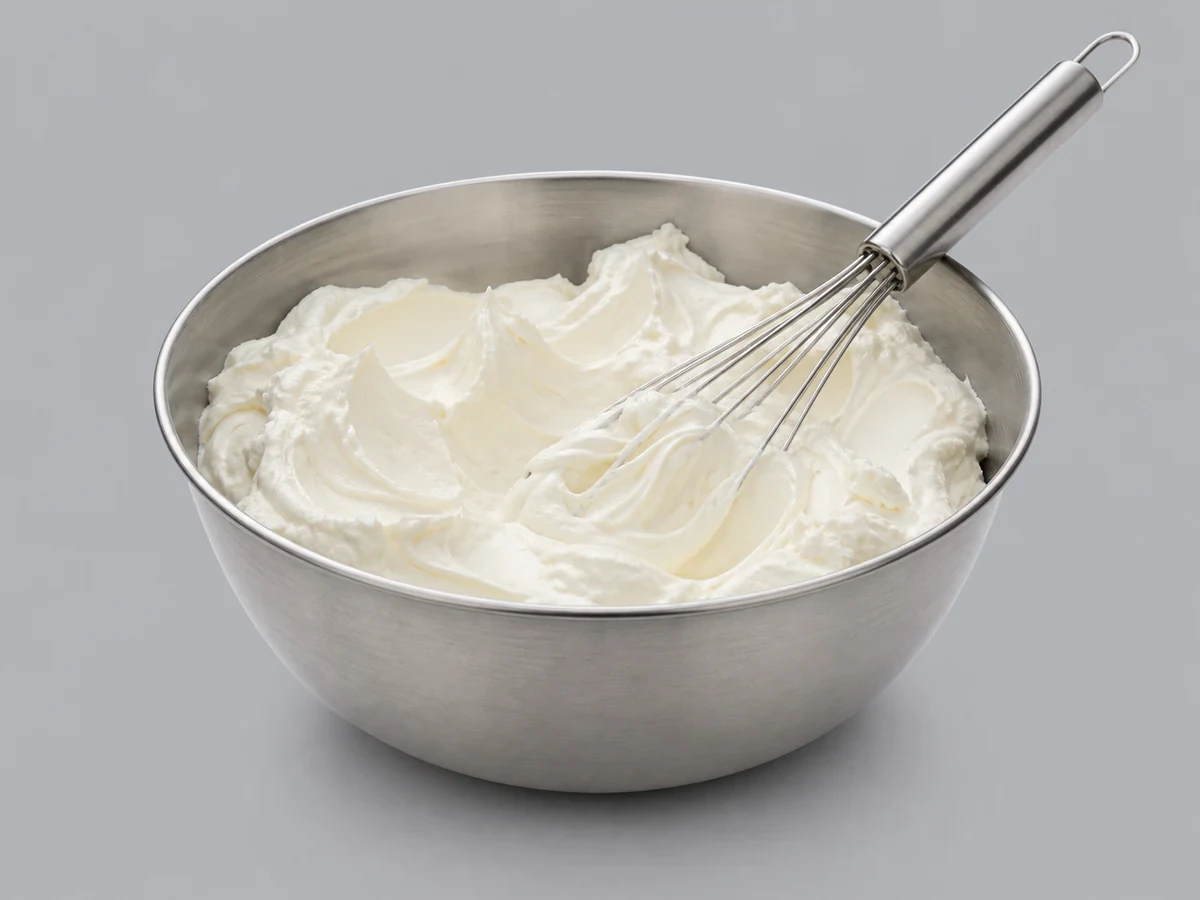 Creamy white bakery shortening being whipped, showing an aerated texture