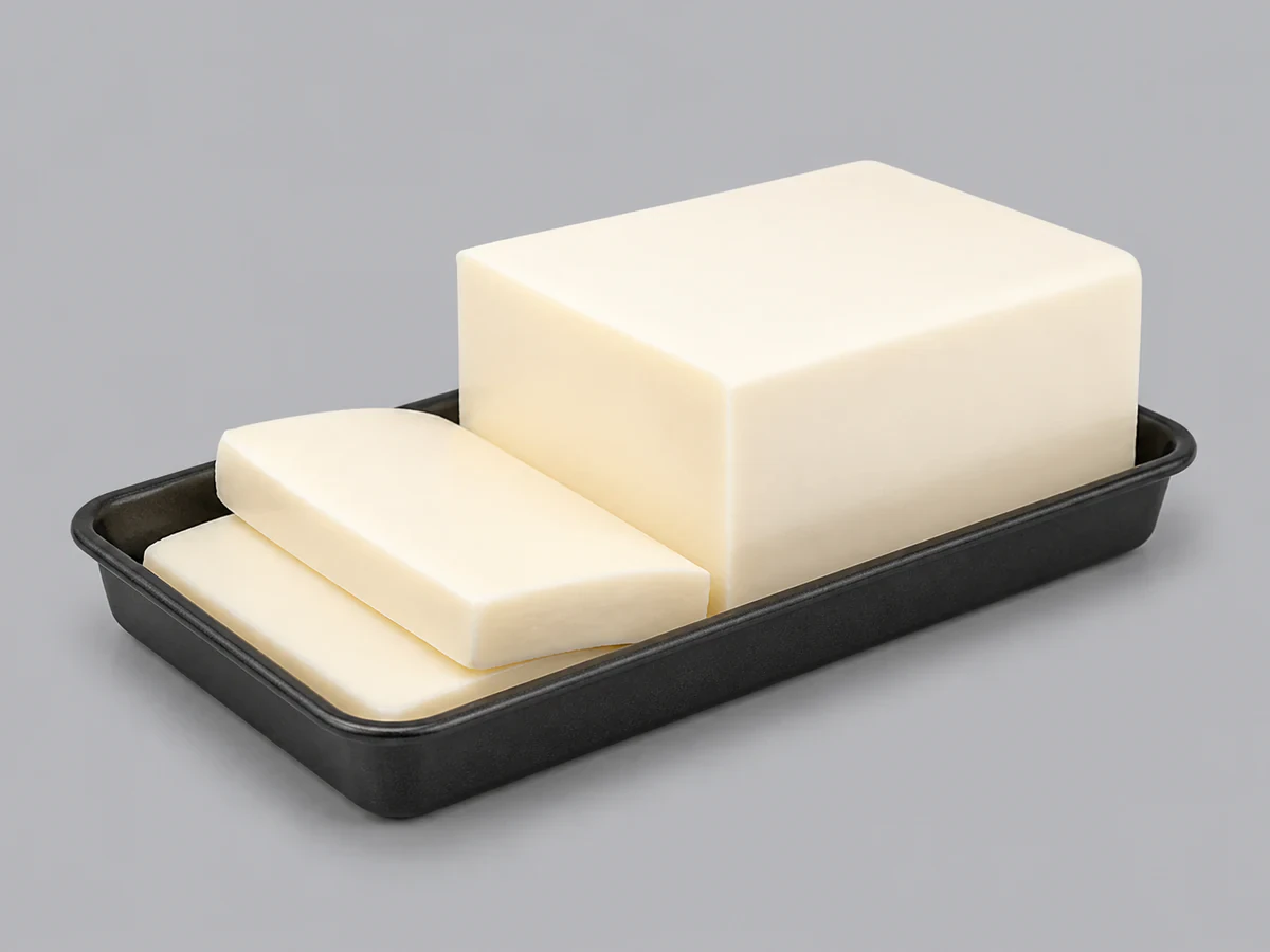 Block of firm pale-cream bread shortening for dough conditioning