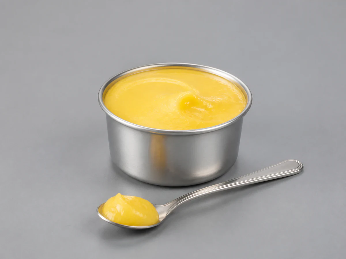Golden-yellow butter oil substitute (BOS) in a container