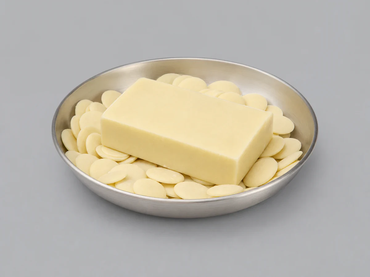 Pale cocoa butter equivalent (CBE) block resembling cocoa butter