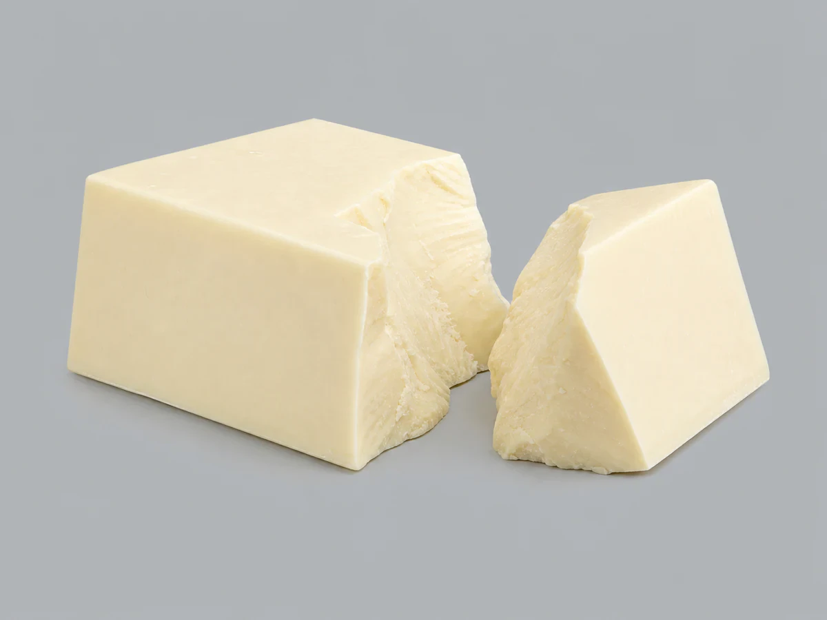 Hard ivory-white cocoa butter substitute (CBS) blocks with a brittle snap