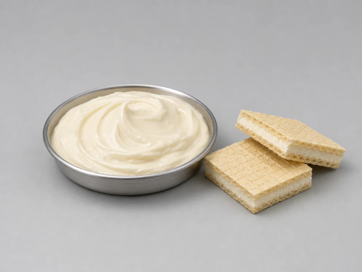 Smooth off-white cream filling fat spread between wafer layers