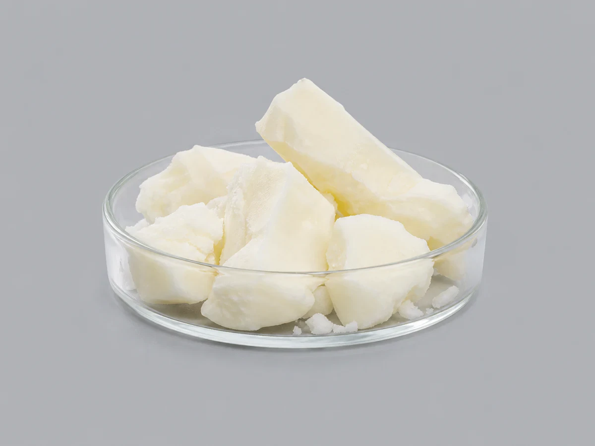 Off-white solid crude palm kernel oil in a sample container