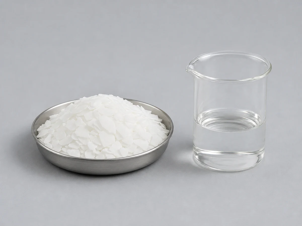 White flaked fatty alcohol with a beaker of clear liquid short-cut alcohol