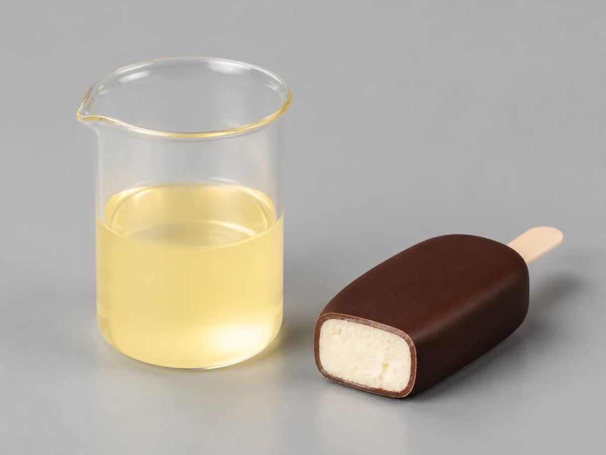 Chocolate-style ice cream coating fat forming a thin crisp shell on a frozen bar