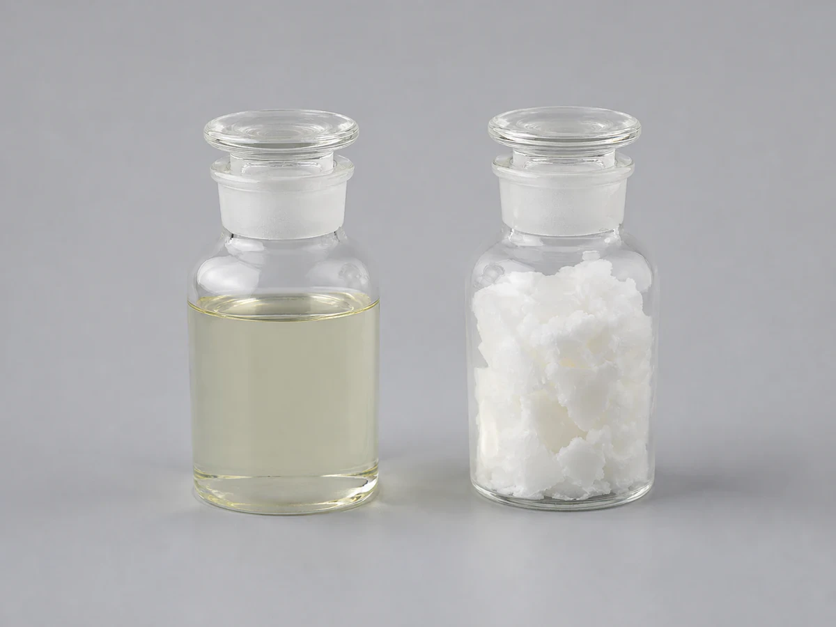 Two sample vials showing clear liquid methyl oleate beside solidified white methyl palmitate