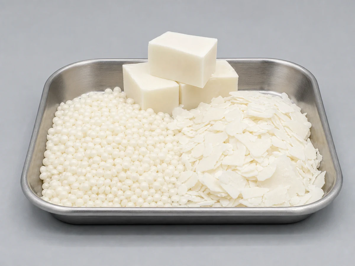 White distilled monoglyceride beads and flakes labelled as food emulsifier E471