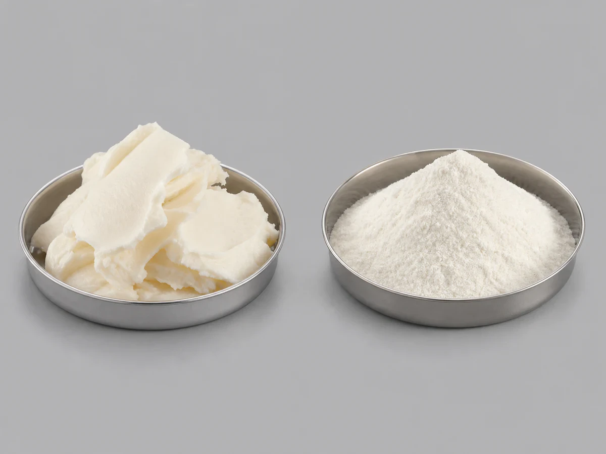 Off-white non-dairy creamer fat beside spray-dried creamer powder