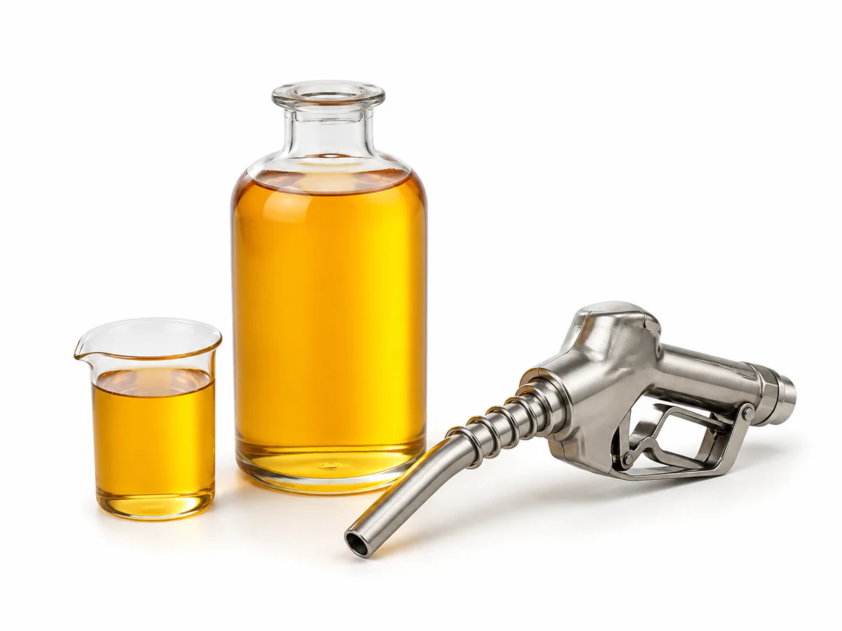 Amber palm methyl ester biodiesel liquid in a laboratory sample bottle beside a fuel pump nozzle
