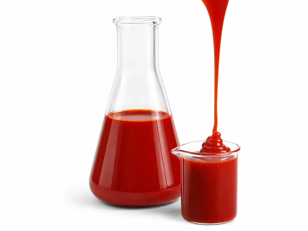 Deep red-orange viscous palm carotene concentrate in a laboratory flask