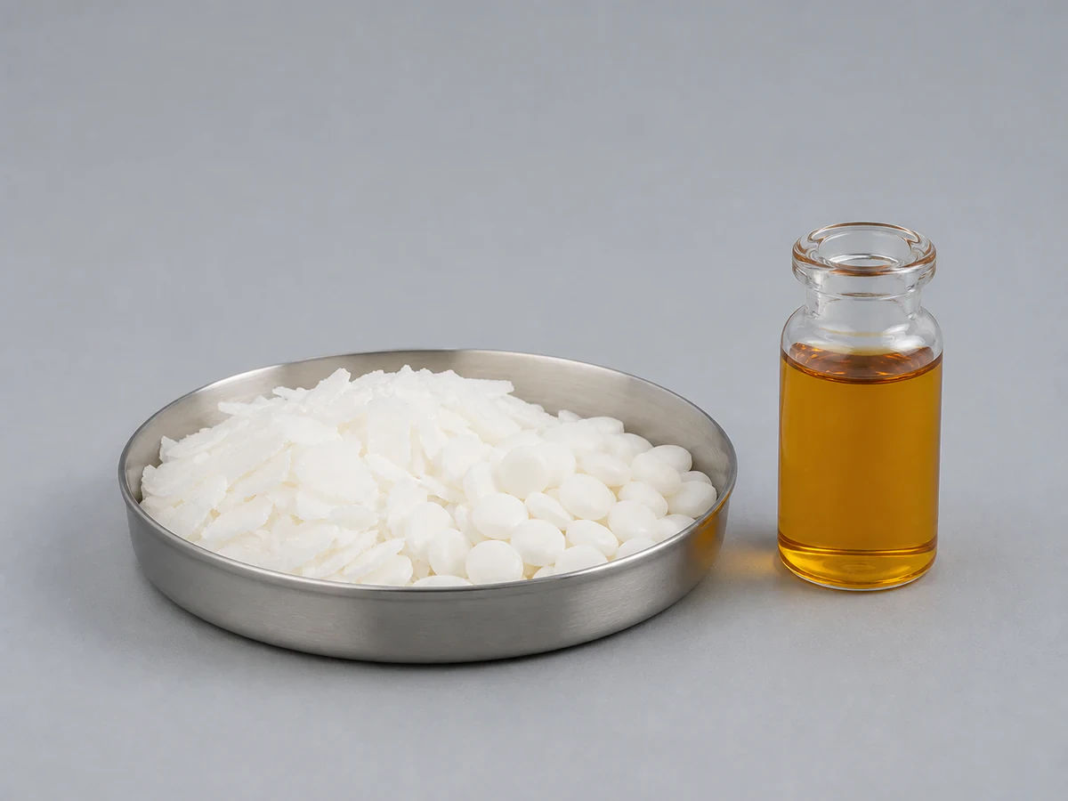 White fatty acid flakes and pastilles alongside a sample of amber liquid oleic acid