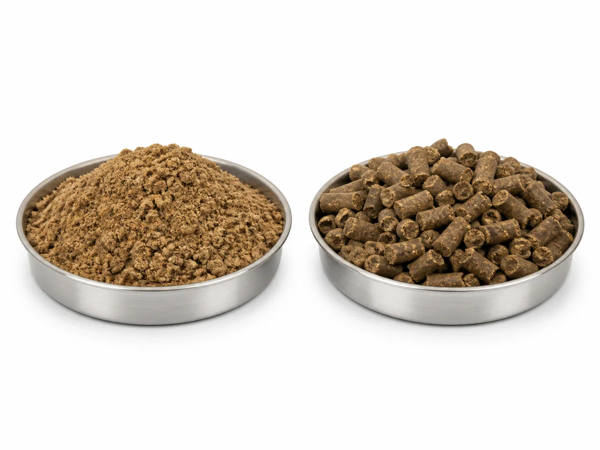 Coarse light-brown palm kernel expeller meal and pellets used as animal feed