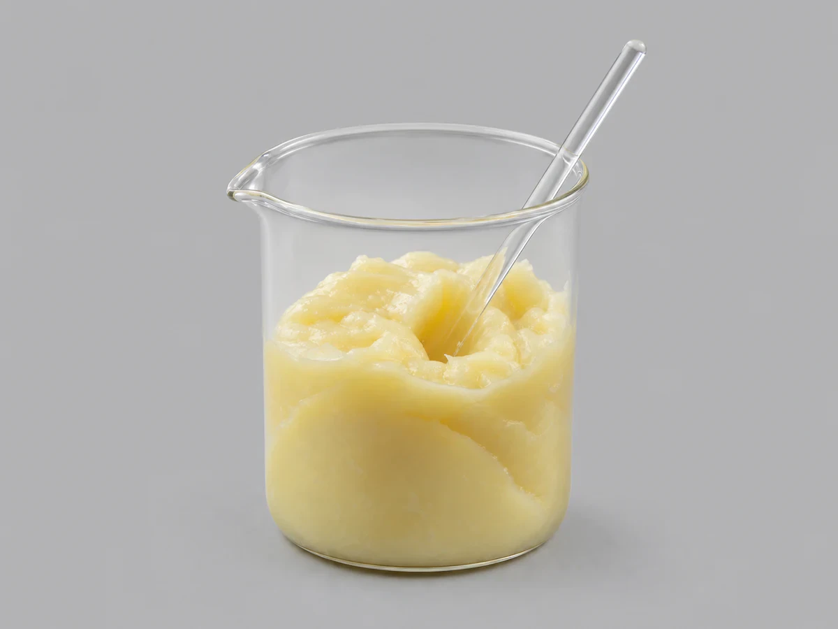 Pale yellow soft palm kernel olein fraction in a laboratory beaker