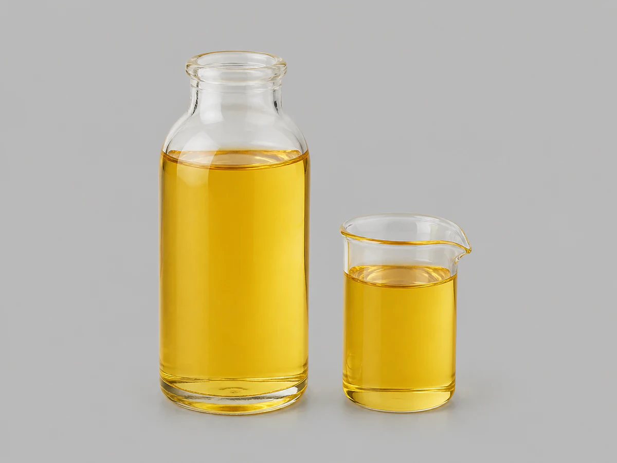 Clear golden-yellow liquid palm olein cooking oil in a bottle