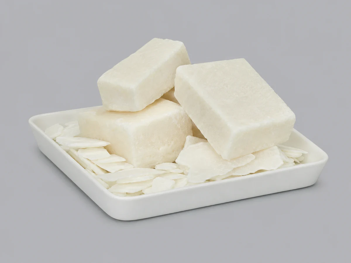 White brittle palm stearin blocks and flakes at room temperature