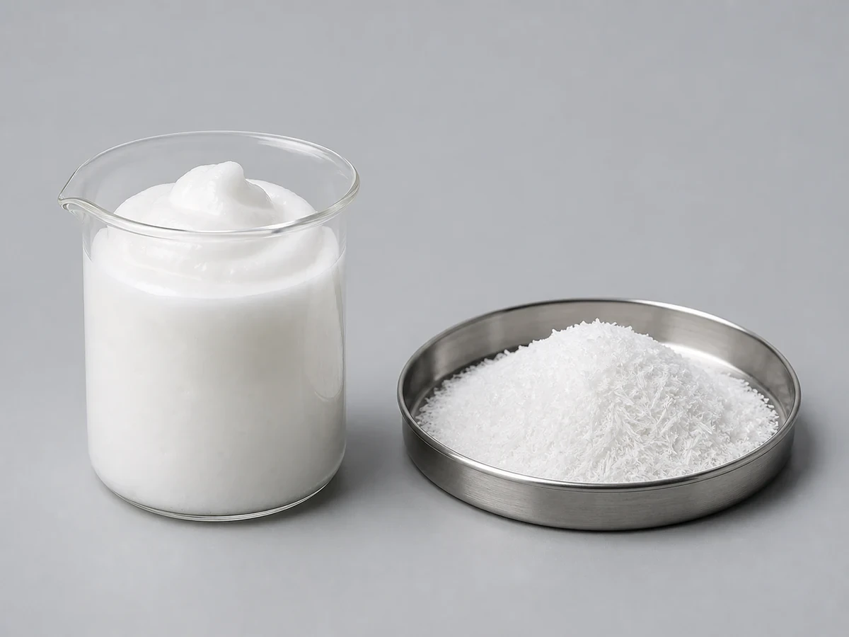Beaker of foaming surfactant paste beside white surfactant needles