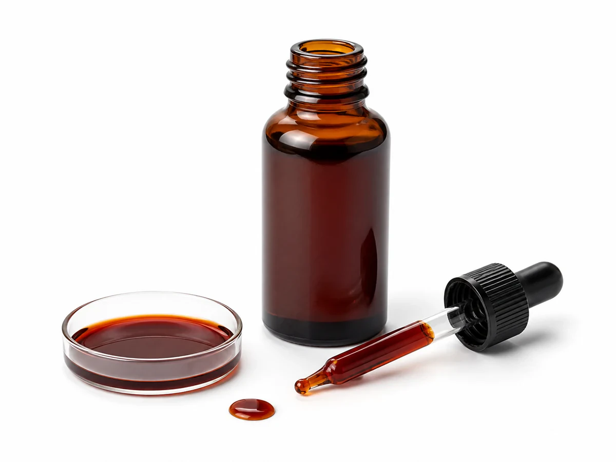 Vial of viscous amber palm tocotrienol vitamin E concentrate