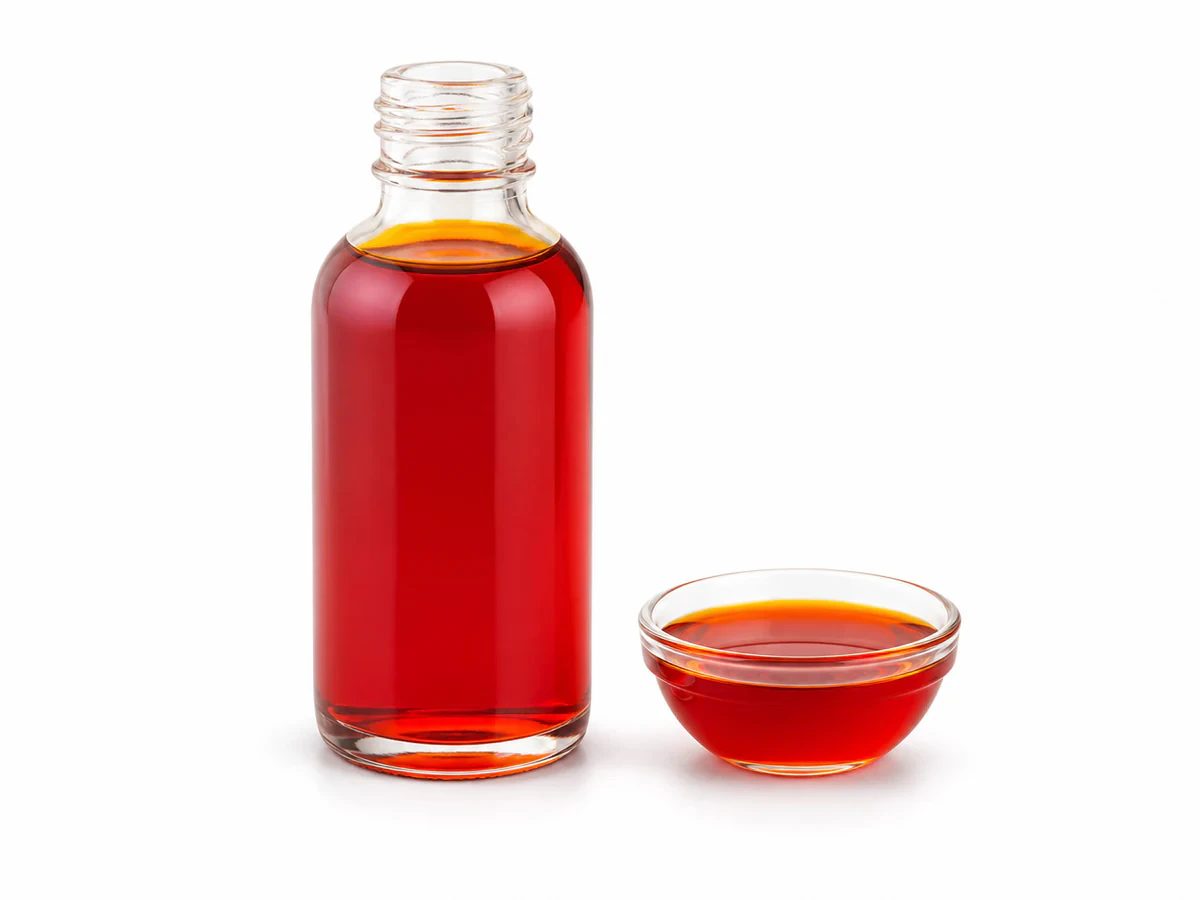 Deep red-orange red palm oil in a clear glass bottle