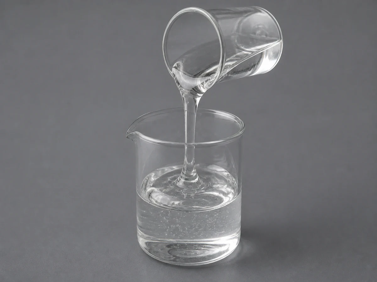 Clear viscous glycerine being poured, showing its syrup-like consistency