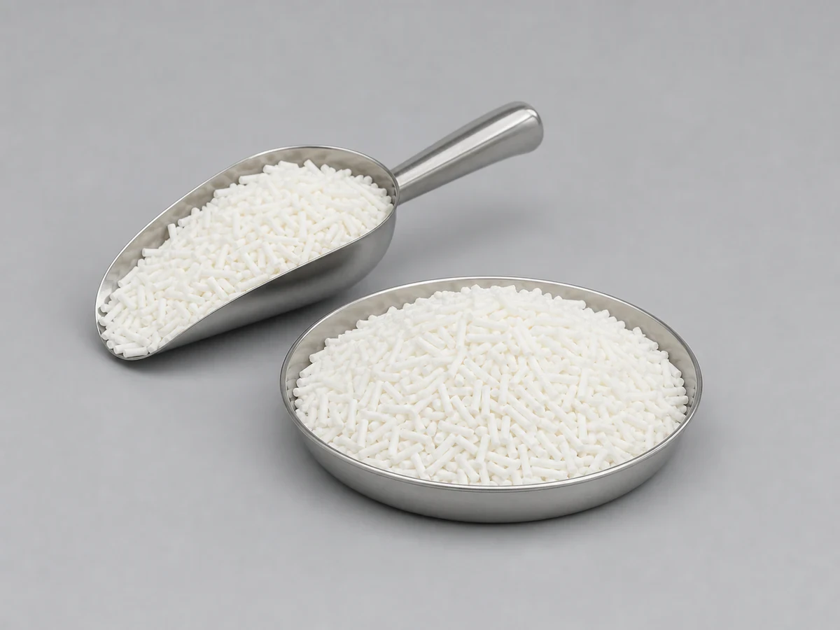 Pile of white extruded soap noodles used as bar-soap base